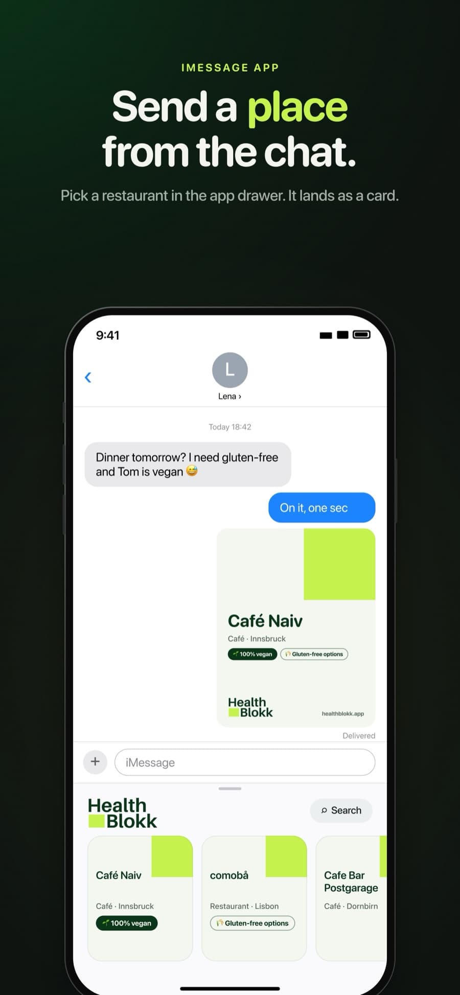 A HealthBlokk place card sent in a Messages chat