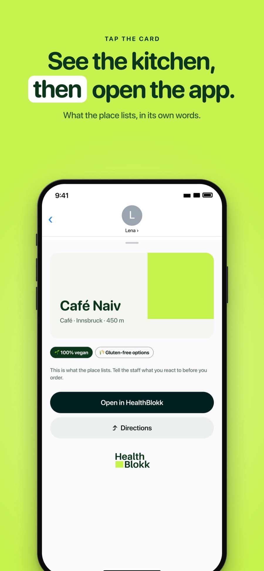 An opened place card with Open in HealthBlokk and Directions